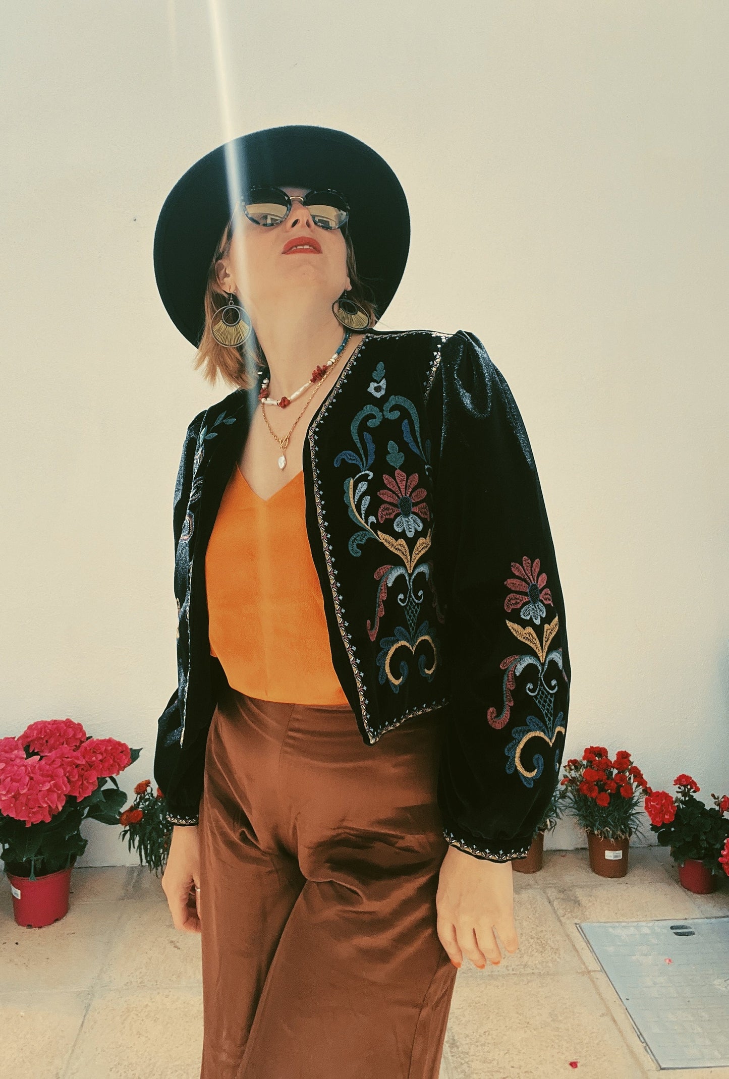 Embroidered Chique Black Crop Top Open Velvet Boho Jacket for Women