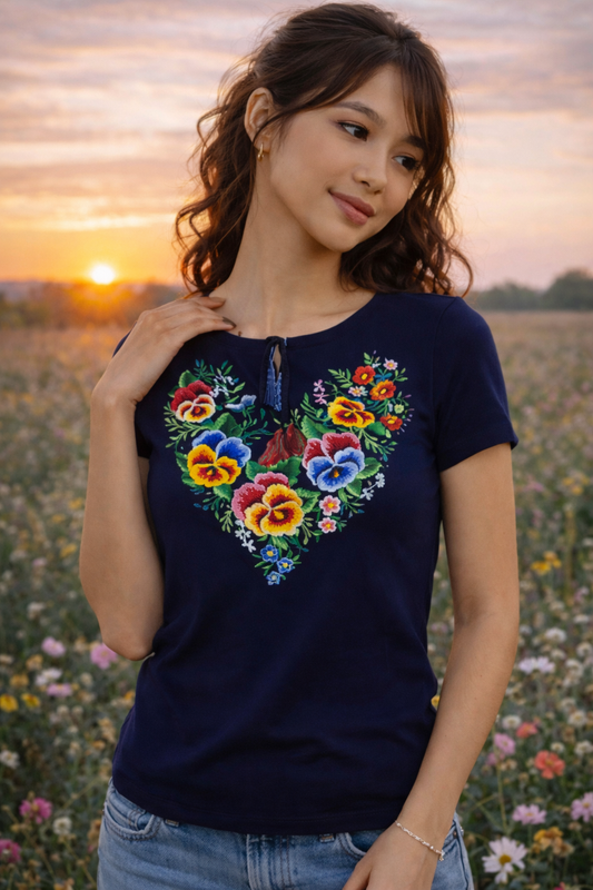 S-4XL Romantic Vyshyvanka T-shirt with Colorful Heart Bouquet Embroidery