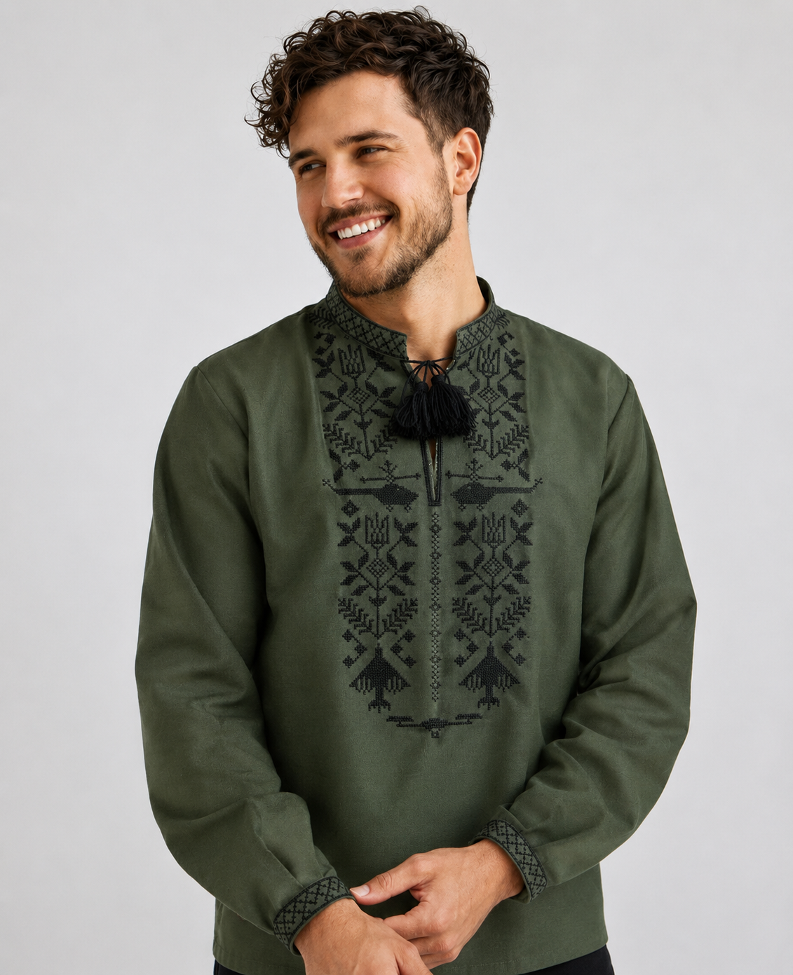 XS-7XL Green Ukrainian Vyshyvanka Shirt for Men Inspired by President Zelensky