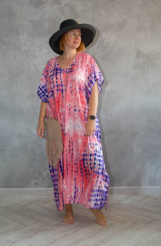 Elegant Pink Tie Die Summer Dress Beach Cover Up Dressing Gown Resort Holiday Wear