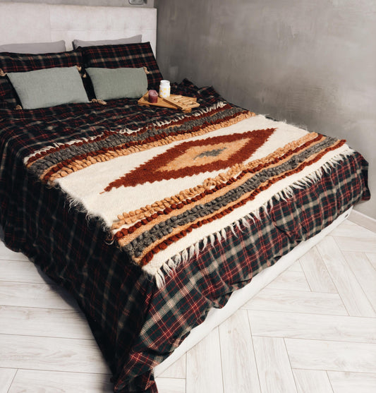 Handwoven Wool Bed Cover Blanket – Scandi-Inspired Elegance and Cozy Comfort Bed Coverlet with Boucle