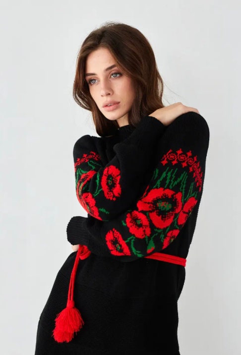 Black Winter Knit Dress with Red Poppy Sleeve Embroidery – Oversized Warm Pencil Dress with Belt