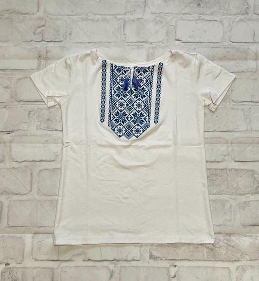 S-3XL White Vyshyvanka T-Shirt with Deep Blue Geometric Embroidery