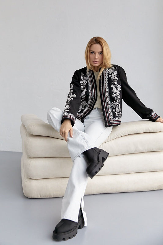 High Quality Crop Top Warm Open Embroidered Black Boho Jacket for Women