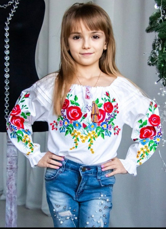 Modern Floral Ukrainian Embroidered Vyshyvanka Blouse for Girls