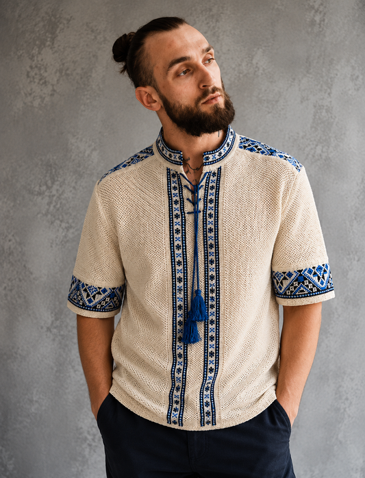 S-4XL Summer Knit Short Sleeve Linen Vyshyvanka for Men