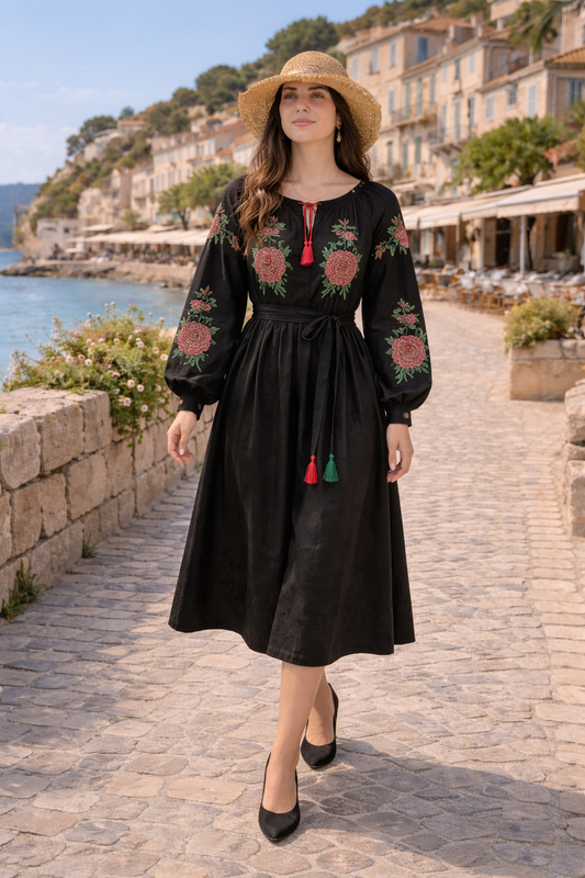 Elegant Black Vyshyvanka Dress – Floral Rose Embroidery – Folk Style Midi