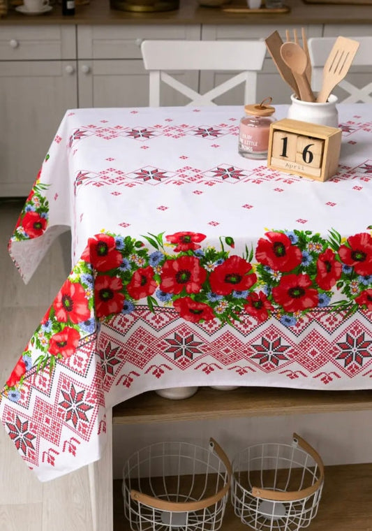 Large Red Ukrainian Tablecloth with Poppy Seed Flower Print