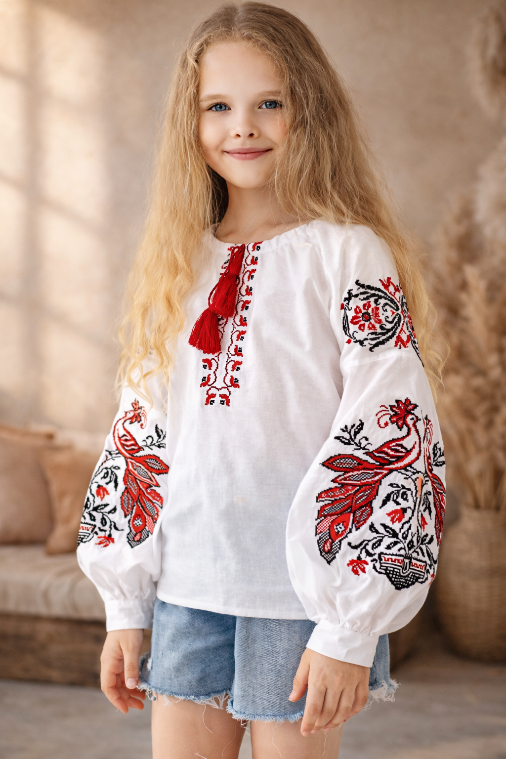 Amazing Ukrainian Cotton Phoenix Embroidered Ukrainian Blouse for Girls