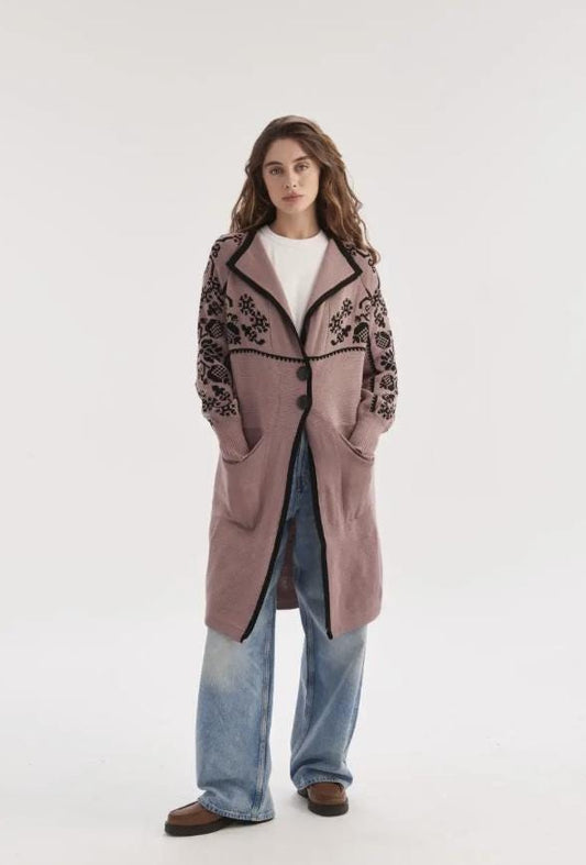 Warm Cozy Cardigan Coat Sweater Floral Elegance with Floral Pattern