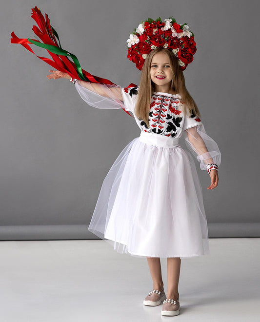 White Boho Ukrainian Dress with Kalyna Embroidery & Tulle Accents Vyshyvanka Dress for Girls