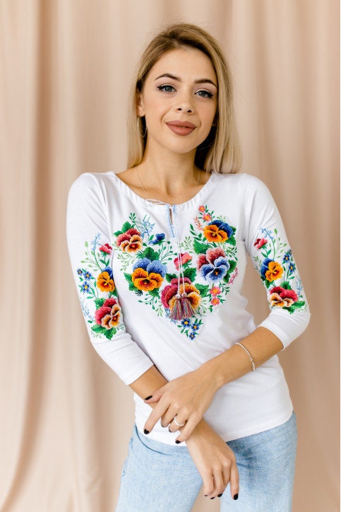 Boho Chic White Ukrainian Blouse with Forget-Me-Not Floral Embroidery