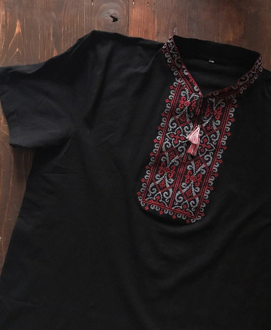 Elegant Boho Embroidered Ukrainian T-Shirt for Men Black Base with Red Embroidery