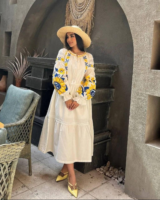 Summer Vyshyvanka Dress with Sunflower Embroidery Effortless Boho Resourt Wear