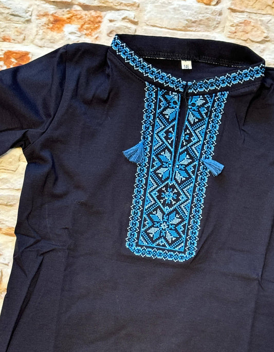 Traditional Ukrainian Blue Embroidered Vyshyvanaka T-Shirt for Boys