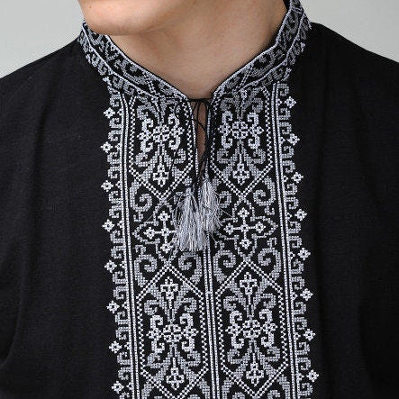 Modern Black Ukrainian T-Shirt Vyshyvanka For Men With Silver Embroidery
