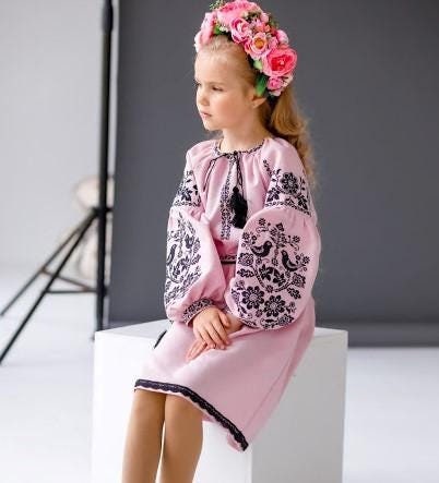 Beautiful Pink Ukrainian Vyshyvanka Dress for Girls With Floral Embroidery