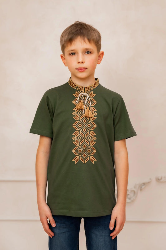 1-12YO Ukrainian Green Traditional Cotton Vyshyvanka for Boys