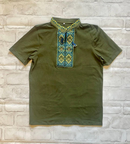 Khaki Green Ukrainian T-Shirt for Men with Tryzub Embroidery