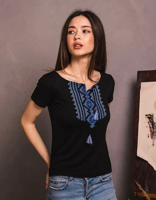 S-3XL Black Boho Ukrainian Embroidered T-Shirt with White Geometric Pattern & Tassels
