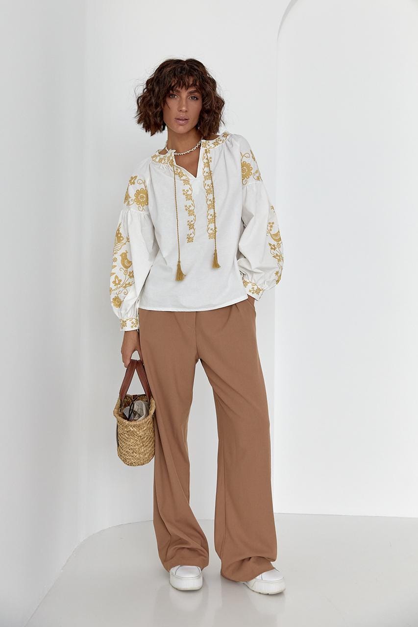 Beige Bohemian Style Embroidered Blouse for Women Ukrainian Vyshyvanka