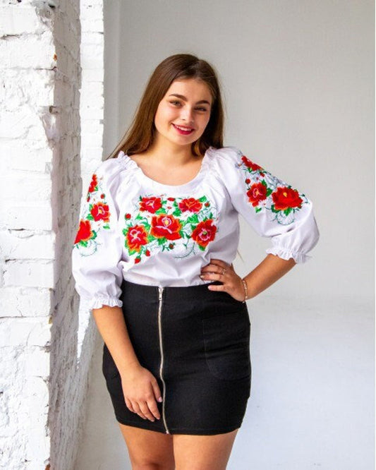 S-4XL White Ukrainian Embroidered Blouse with Bright Red Wildflowers