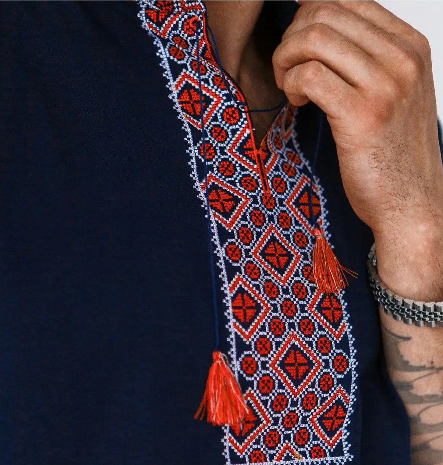 Modern Ukrainian Summer T-Shirt for Men with Blue Base and Red Embroidery