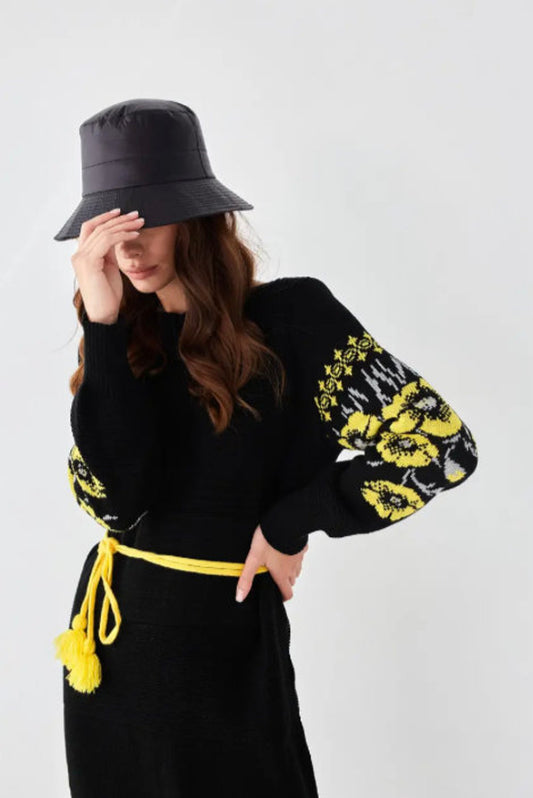 Black Knit Pencil Dress with Yellow Floral Sleeves – Warm Winter Oversized Dress with Pom-Pom Belt