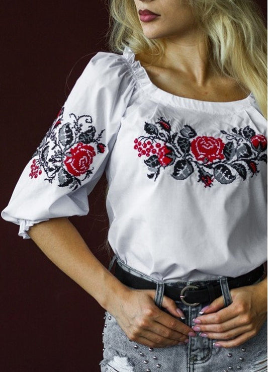 S-4XL White Ukrainian Embroidered Blouse with Red Roses Motif