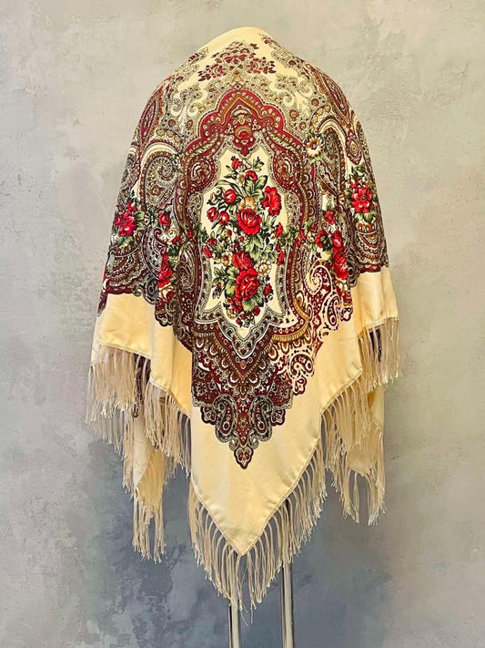 Gorgeous Extra Large Ukrainian Floral Shawl with Tassels