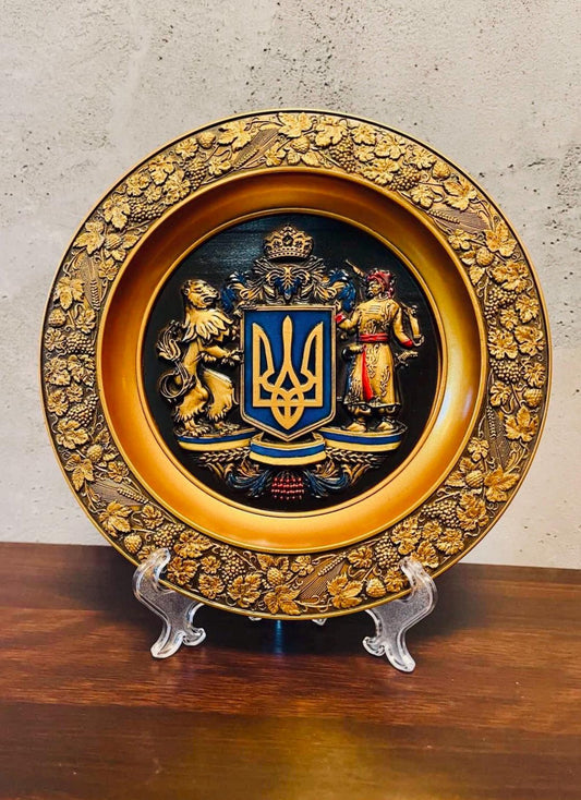 Large Ukrainian Decorative Hanging Plate with Tryzub and Cossac Souvenir Wall Plate