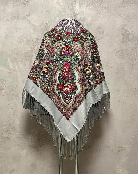 Large Grey Warm Ukrainian Scarf with Floral Motif