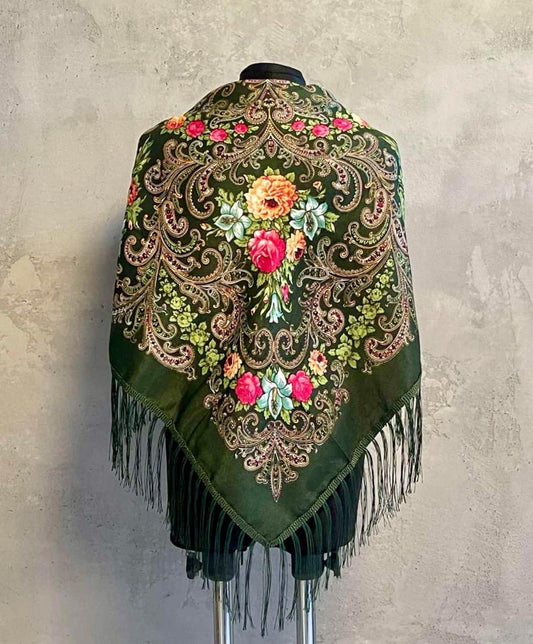 Small Green Ethnic Ukrainian Floral Shawl with Tassles