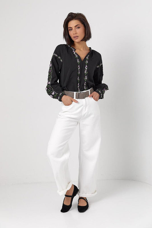 Modern Ukrainian Embroidered Blouse with Sheer Organza Sleeves and Floral Embroidery