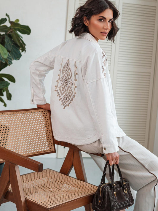 Oversized Folk-Inspired Jacket with Beige Diamond Embroidery