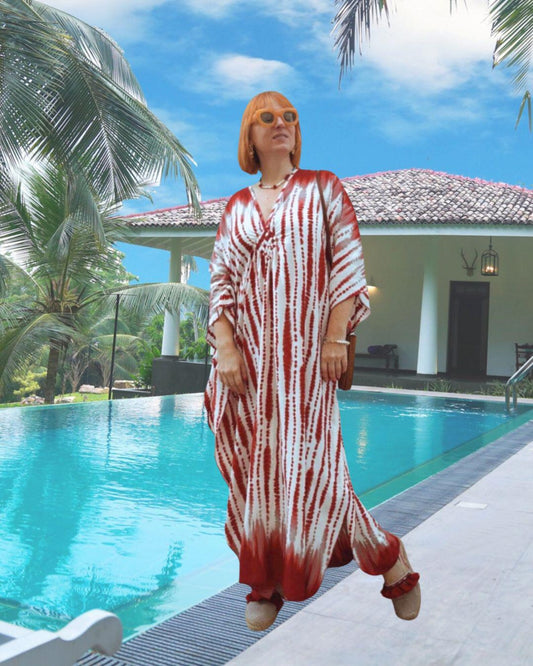 Elegant Tie-Dye Summer Robe Red and White Sophistication Lounge Wear Summer