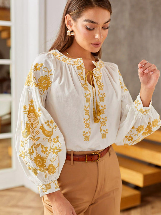Beige Bohemian Style Embroidered Blouse for Women Ukrainian Vyshyvanka
