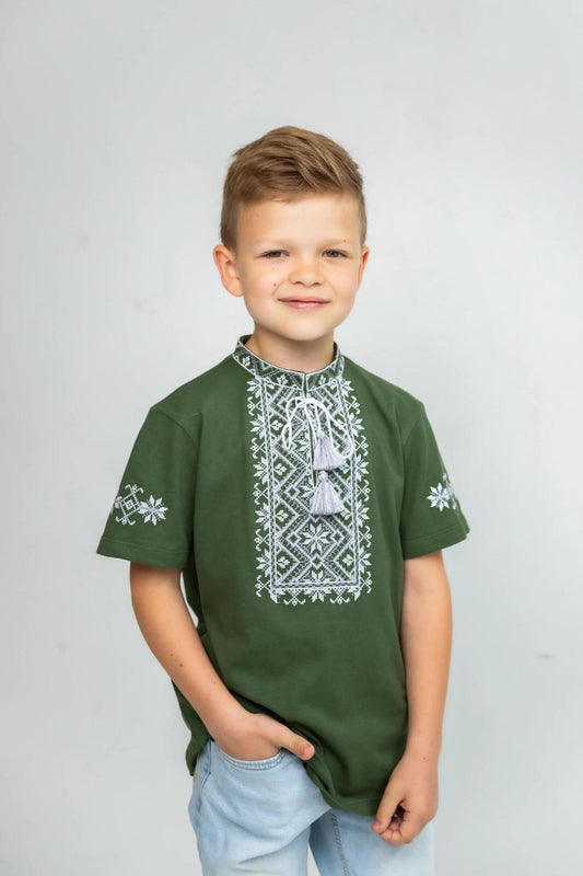 2-12YO Traditional Green Cotton T-Shirt Vyshyvanka for Boys