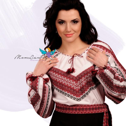 S-6XL White Traditional Folk Ukrainian Embroidered Blouse with Red and Black Chevron Motif