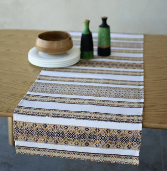 Beige Traditional Carpathian Table Runner with Geometric Motifs
