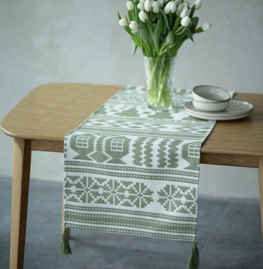Festive Table Linen – Joyful Easter Collection Green Folk House Table Runner with Scandinavian Touch