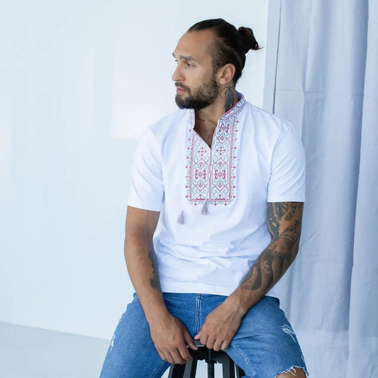 S-3XL Modern White Vyshyvanka T-Shirt with Red and Grey Geometric Embroidery for Men