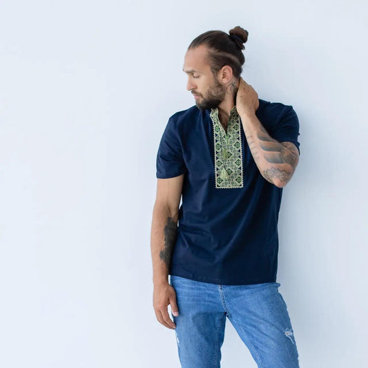 S-3XL Elegant Navy Vyshyvanka T-Shirt with Green and Black Geometric Embroidery for Men