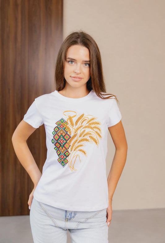 S-3XL Charming White Vyshyvanka T-Shirt with Wheat Sheaf and Cross-Stitch Motif for Women