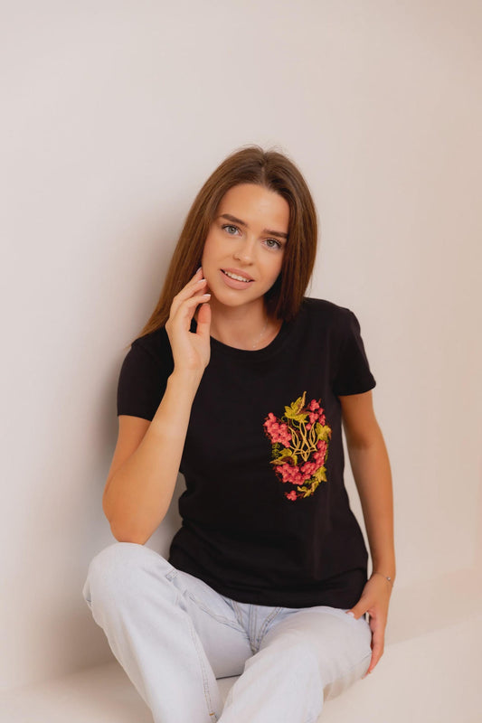 S-3XL Patriotic Black Vyshyvanka T-Shirt with Kalyna and Tryzub Embroidery for Women