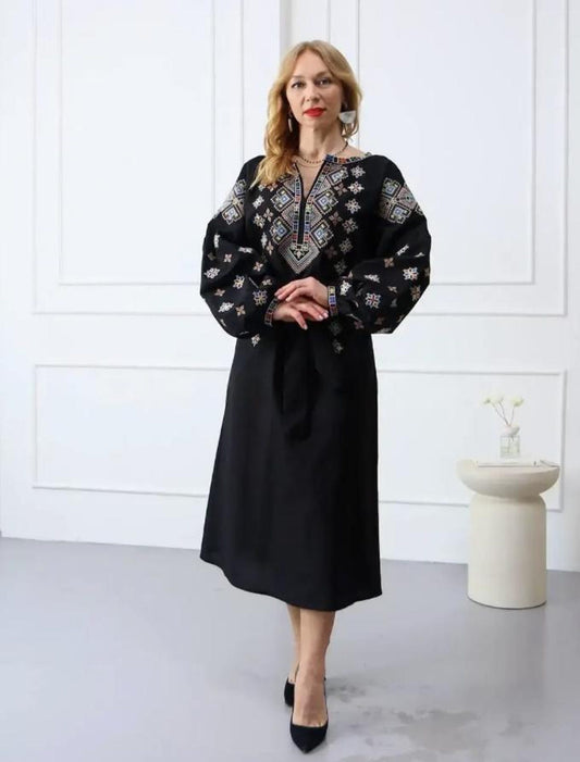 Elegant Black Embroidered Vyshyvanka Midi Dress with Geometric Folk Motifs