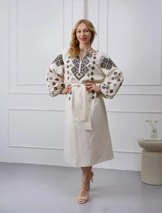 Heritage Cream Vyshyvanka Dress with Multicolor Geometric Embroidery