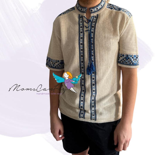 S-4XL Summer Crochet Knit Short Sleeve Linen Vyshyvanka for Men