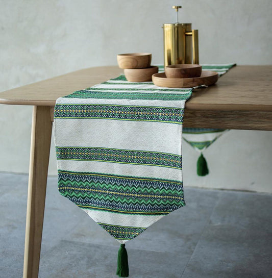 Carpathian-Inspired Table Runner with Tassels in Green and Gold