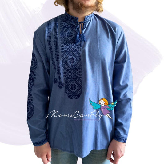 XS-5XL Blue Embriodered Ukrainian Vyshyvanka Sorochka Shirt with Blue Embroidery